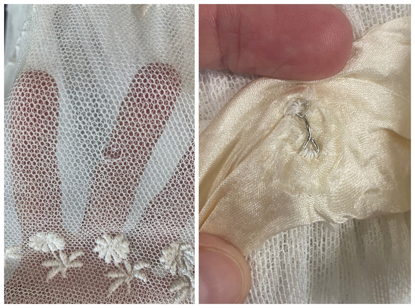 Antique 1910s White Embroidered Net Lace Edwardian Dress with Ruffle Sleeves, XS