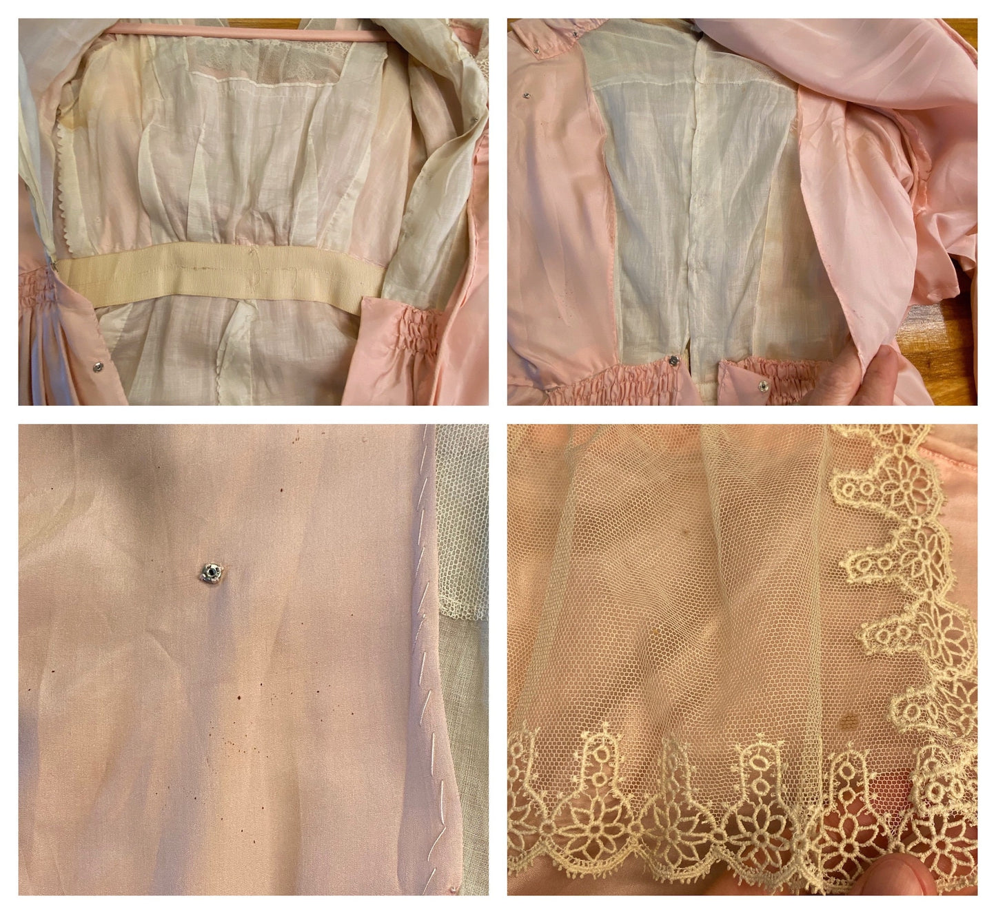 Antique Edwardian 1900s Pink Silk Dress with Lace Trim, Dagger Collar & Bishop Sleeves, XS