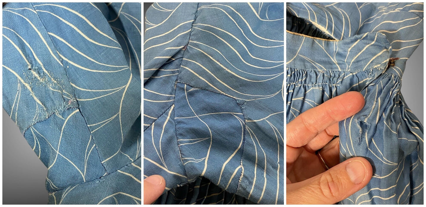 Antique 1900s Victorian Edwardian Blue & White Leaf Print Cotton Sateen Day Dress, XXS