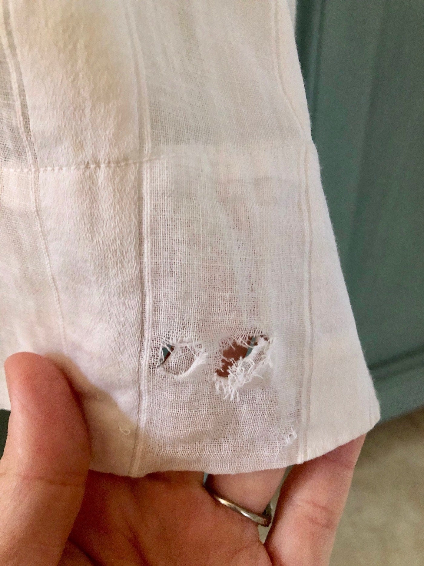 Antique 1900s Edwardian Tea Dress in Striped White Cotton with Lace, XS