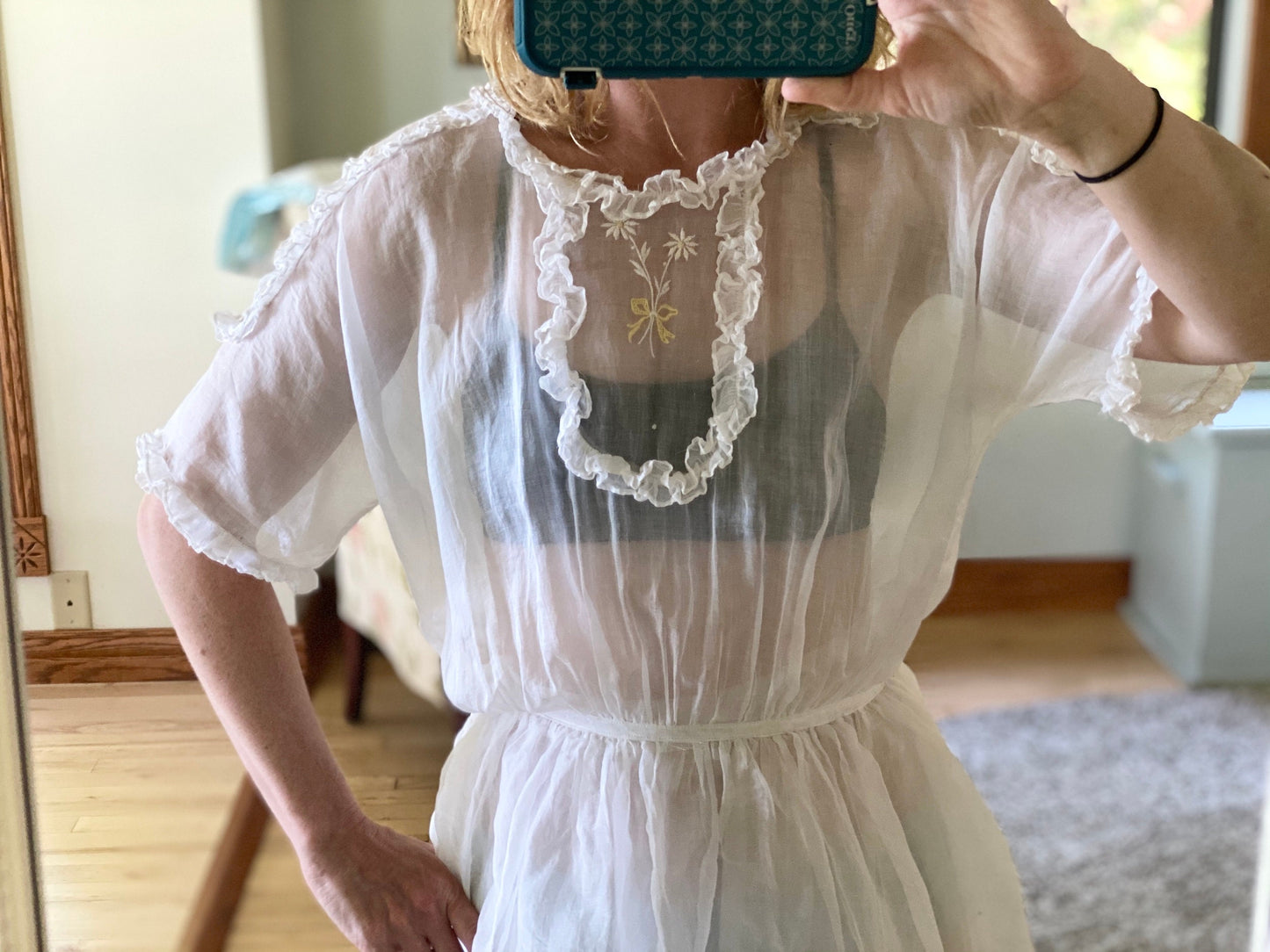 Antique Late 1910s–1920s White Embroidered Organdy Summer Dress, 2-Piece, XS 25" Waist