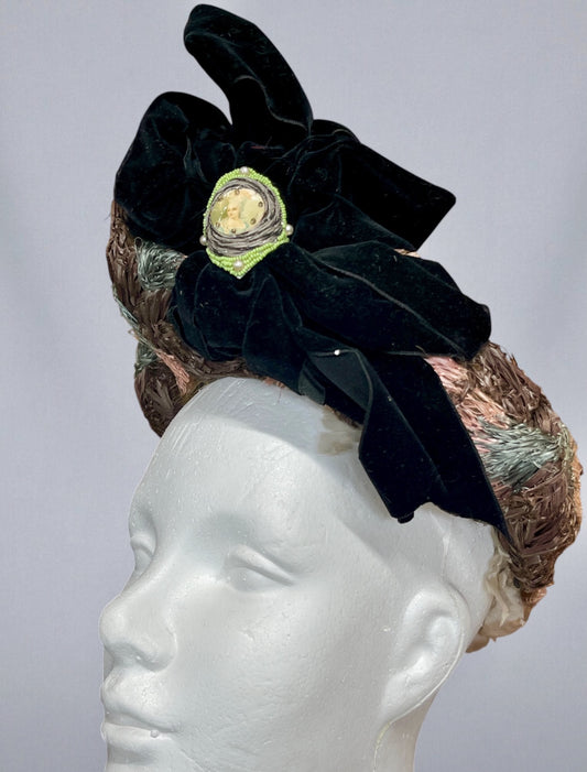 Antique Edwardian c.1900 Pastel Raffia Toque Hat with Moss Green Tulle, Velvet Bow & Victorian Lady Cameo
