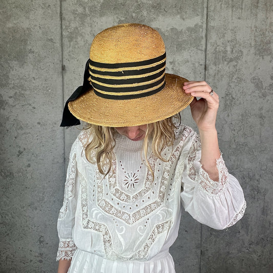 Vintage 1940s Straw Tilt Brim Hat with Black Grosgrain Ribbon Bow | My Hat's a Michele
