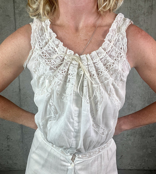 Antique Edwardian White Cotton Lace Split Crotch Chemise Combination Undergarment