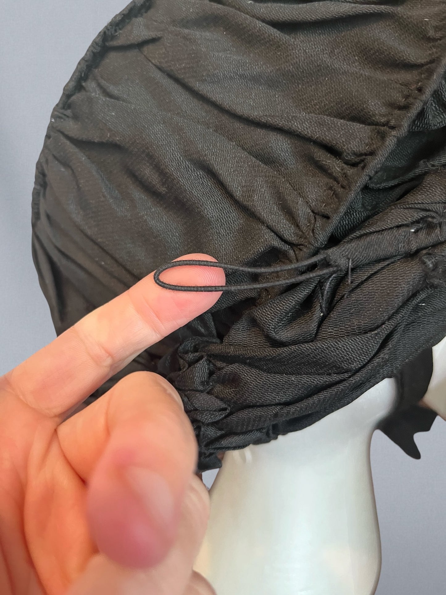 Antique Victorian Black Silk Draped Perch Bonnet Hat with Feather Spray & Jet Ornament, c. 1895–1905