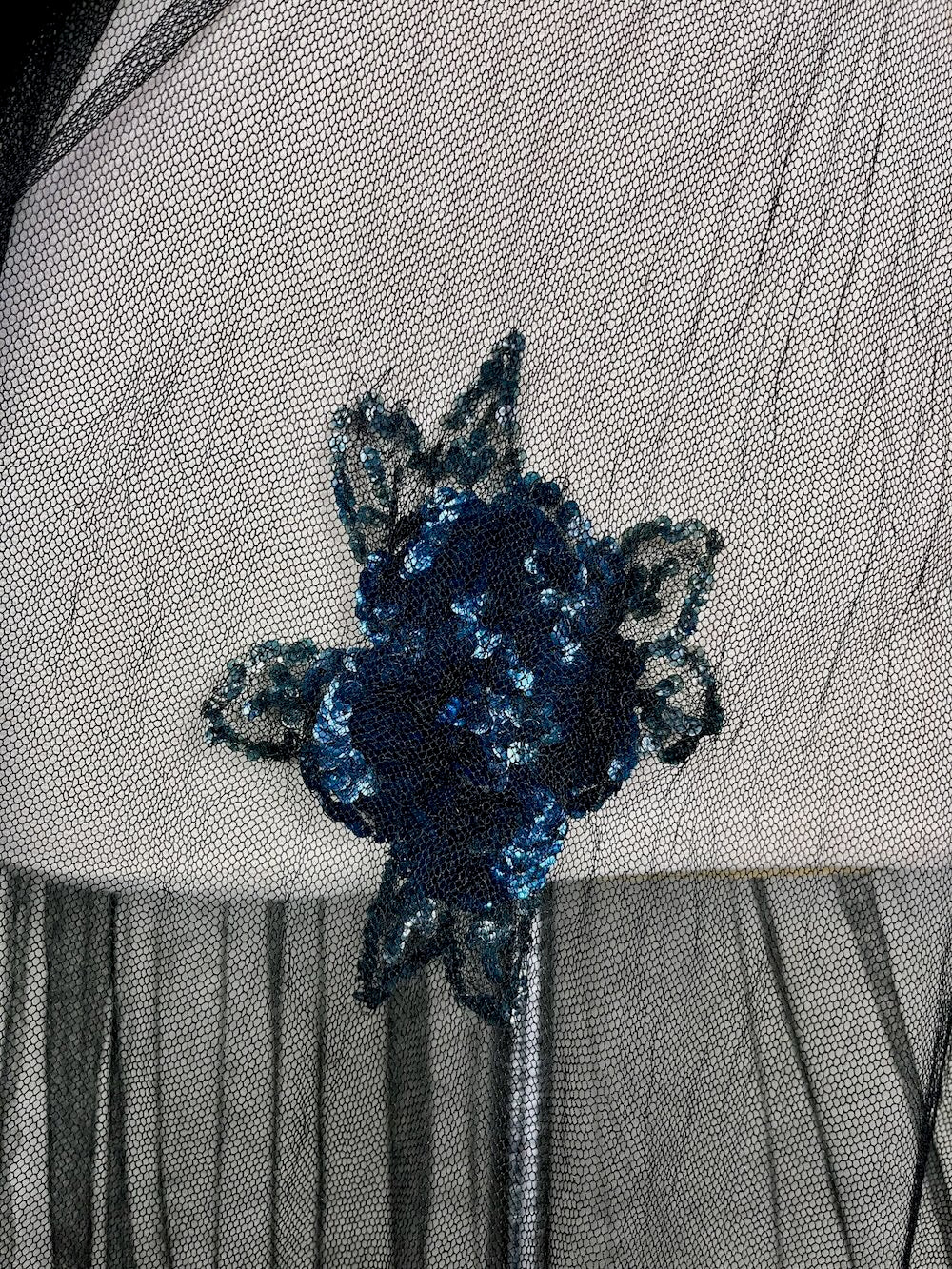 Extraordinary Antique 1930s Blue Gelatin Sequin & Black Net Evening Dress with Sheer Sleeves