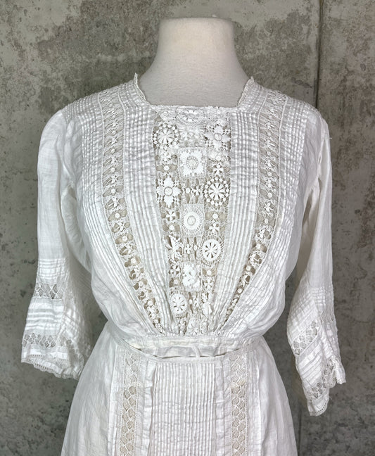 Antique Edwardian 1900s Spiderweb Drawnwork Lace Fine White Linen 2pc Dress Set, M - M/L