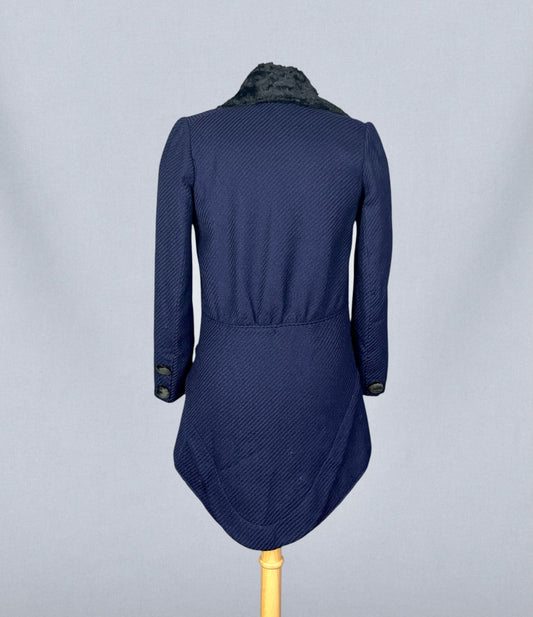 Antique 1910s Blue Wool Walking Suit with Plush Trim & Covered Buttons, Edwardian Two-Piece, XS - S