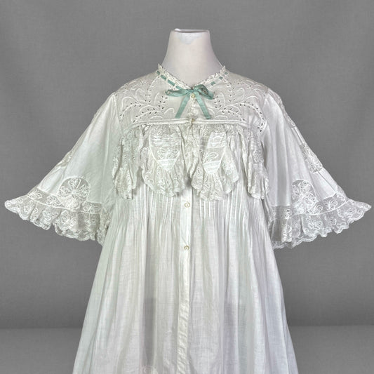 Antique Edwardian White Cotton Dress with Butterfly Lace, Pintucks & Bell Sleeves – XL–XXL