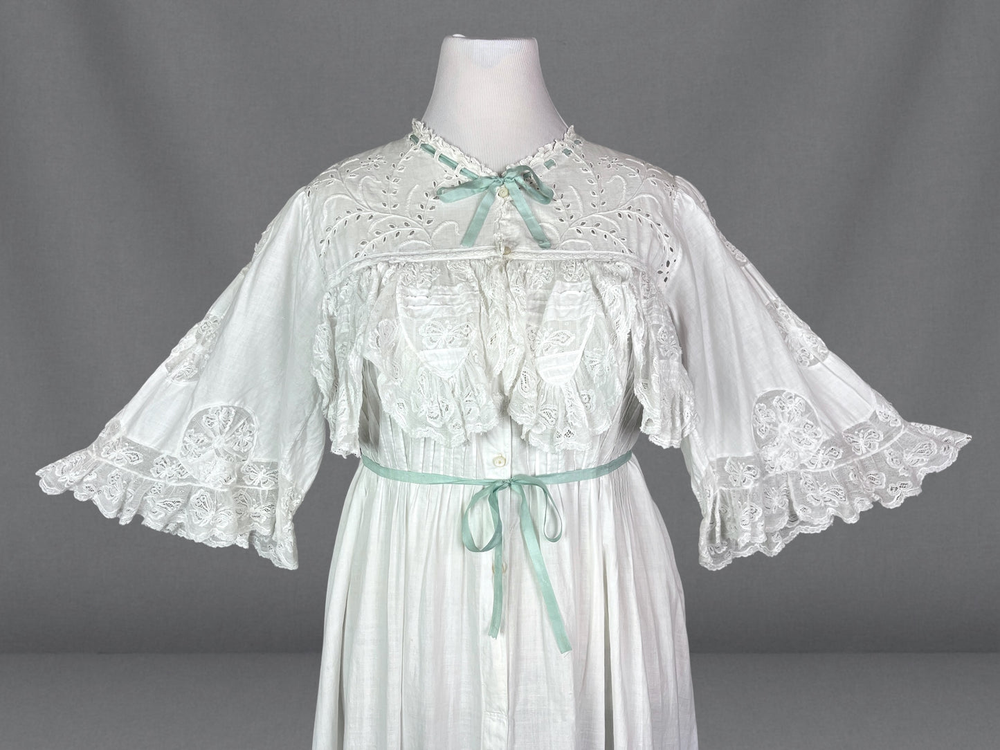 Antique Edwardian White Cotton Dress with Butterfly Lace, Pintucks & Bell Sleeves – XL–XXL