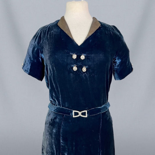 Vintage 1930s Midnight Blue Silk Velvet Bias Cut Dress & Wide Brim Cloche Hat, S - S/M