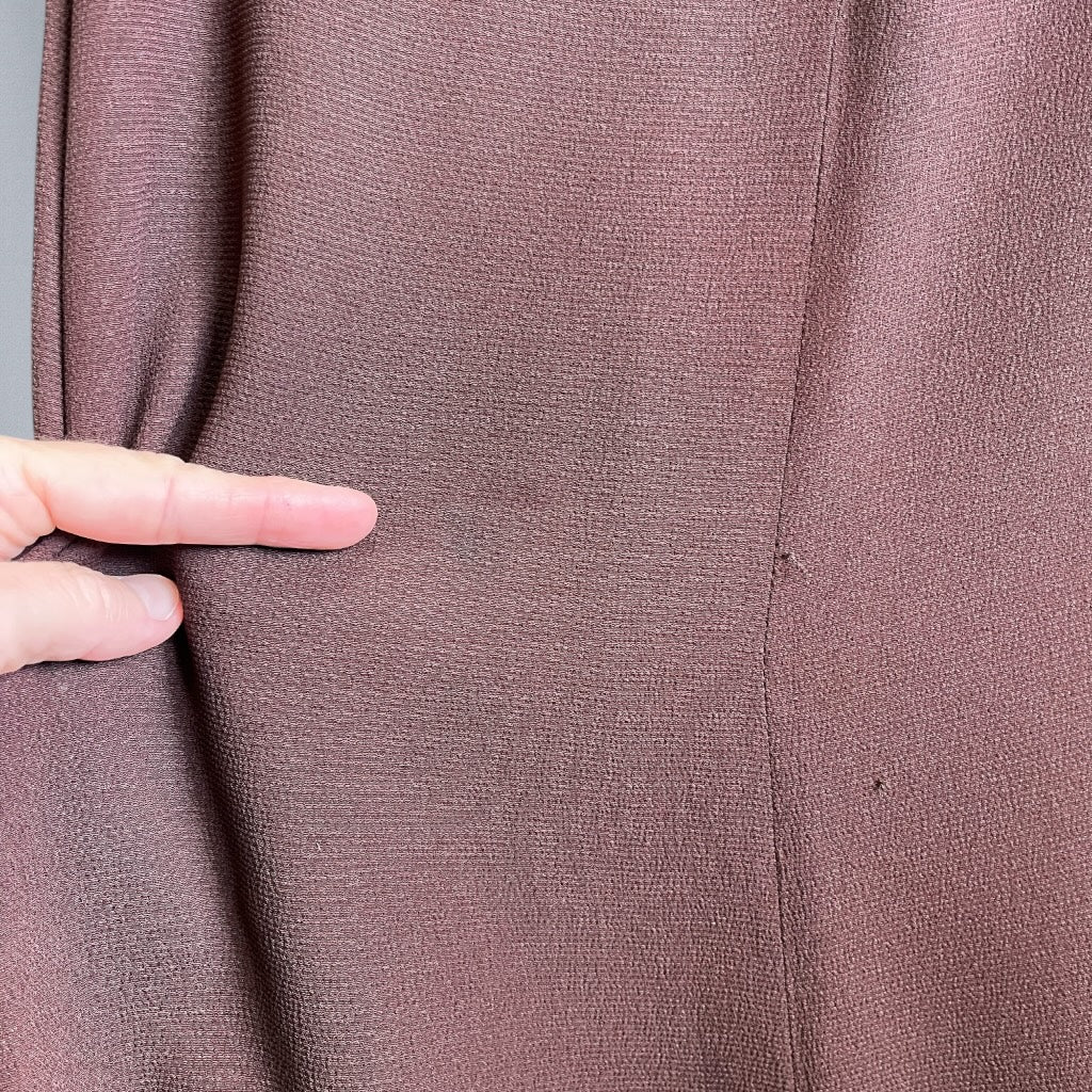 Late 1930s Chocolate Brown Rayon Crepe Dress with Sculpted Shoulders & Bell-Pull Metal Zip, XS-S