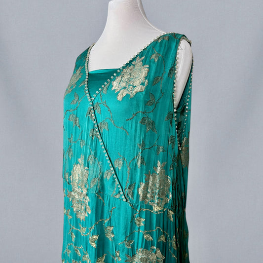 Antique 1920s Teal Silk & Gold Lamé Beaded Jazz Age Gown, J.M. Gidding & Co. New York Paris, Large