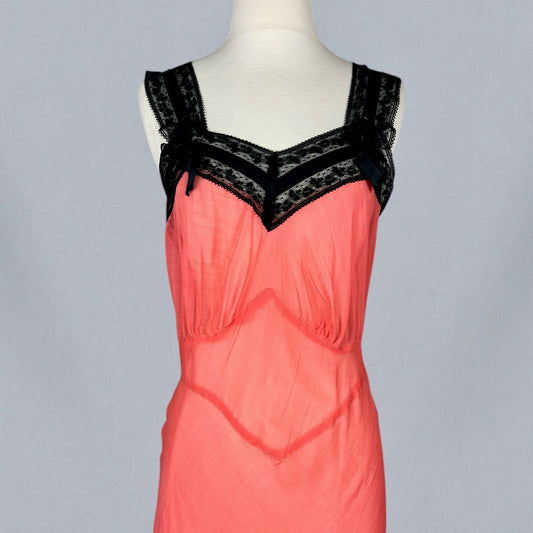 Vintage 1930s Coral Pink Silk Chiffon Bias Cut Lingerie Dress with Black Lace Straps, S - M