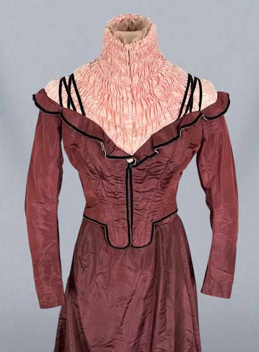 Antique Late Victorian 1890s Wine Silk Taffeta Two-Piece Dress Set with Ruched Pink High Neck Yoke, XXS