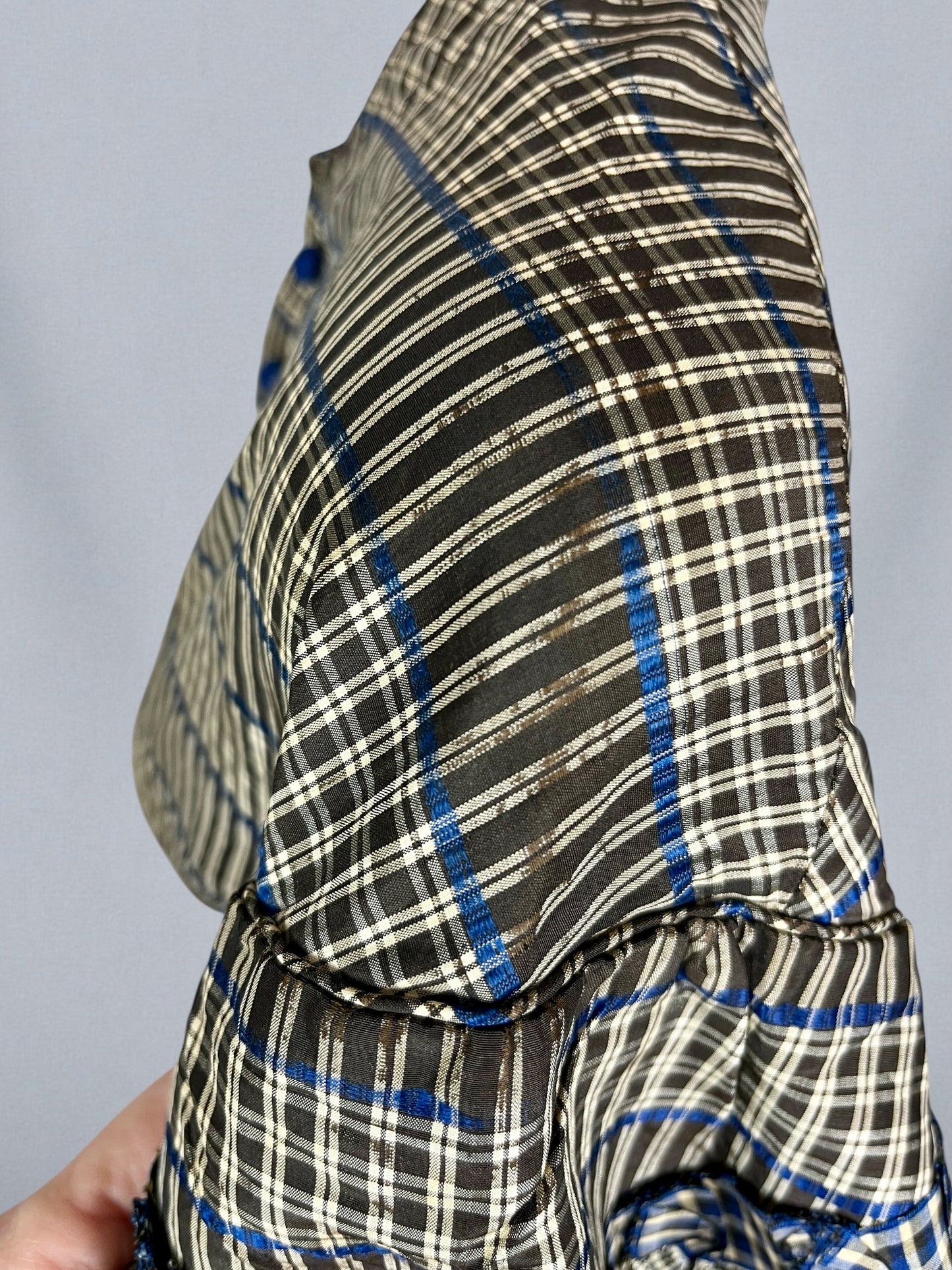 Antique 1860s Plaid Silk Taffeta Pagoda Sleeve Bodice with Cobalt Blue Accents, Civil War Era Fitted Bodice with Dramatic Pointed Hem, XXS