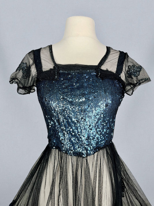 Extraordinary Antique 1930s Blue Gelatin Sequin & Black Net Evening Dress with Sheer Sleeves