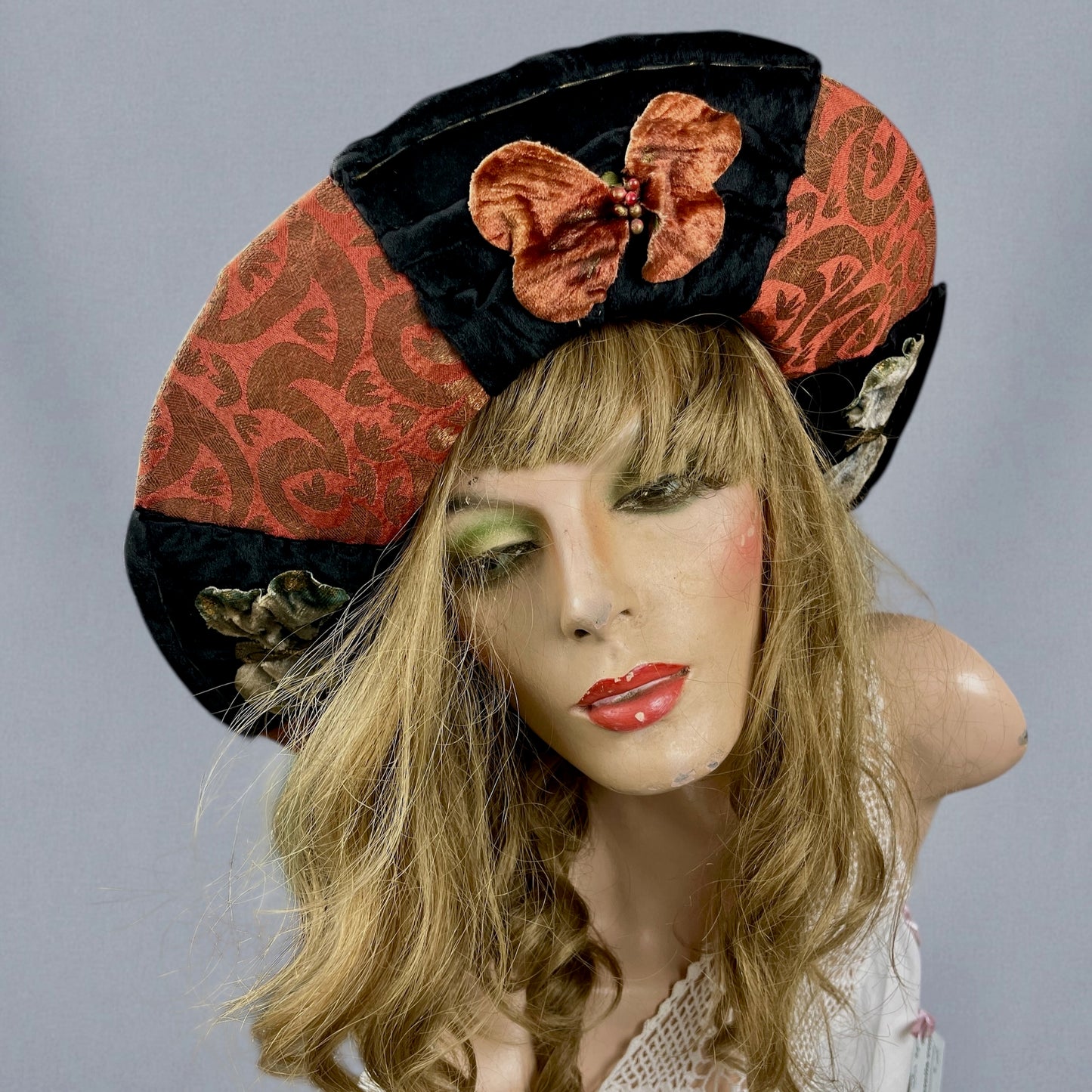 Antique Late 1910s Velvet & Lamé Brim Hat with Embroidered Silk Lining & Butterfly Appliqués