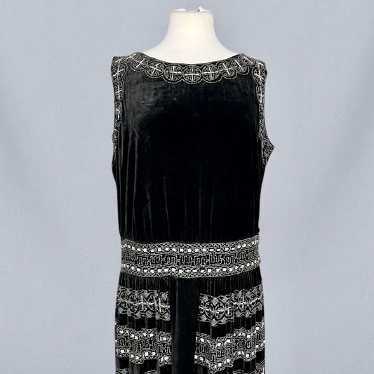 Exceptional Antique 1920s Black Velvet Dress with Silver Beadwork & Geometric Motifs, M - L