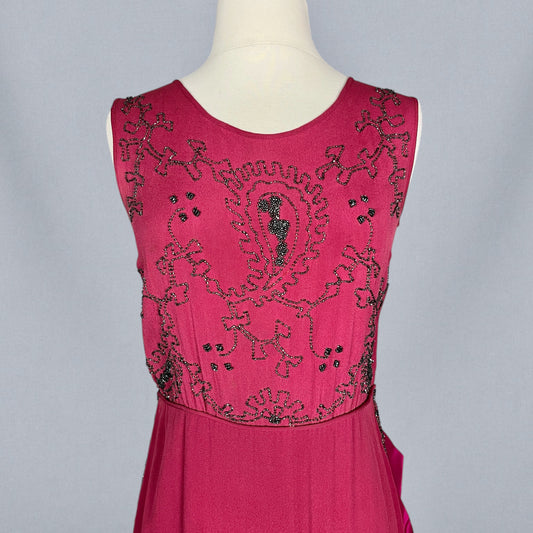 Antique 1920s Cerise Pink Beaded Silk Dress with Velvet Ribbon Back, XS
