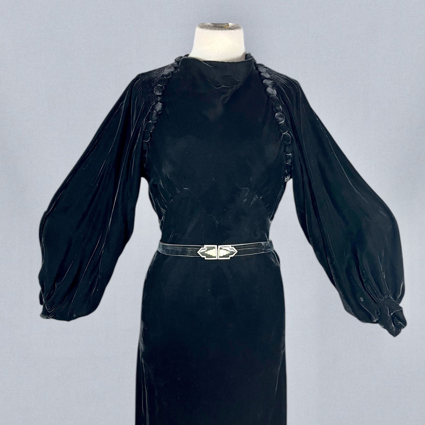 Vintage 1930s Black Velvet Bias-Cut Evening Dress with Bishop Sleeves & Covered Button Detailing, S/M