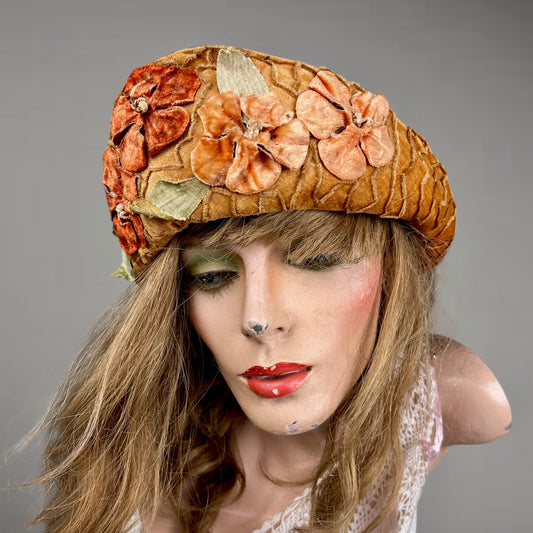 Antique Late 1910s–Early 1920s Navy Velvet Cloche Hat with Golden-Ochre Velvet Band & Dimensional Flowers