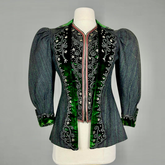Antique 1890s Victorian striped wool bodice jacket with leg-of-mutton sleeves and emerald velvet trim