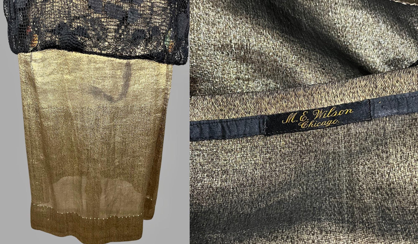 Vintage 1920s Black Filet Lace Flapper Dress with Gold Lamé Underlay & Ribbonwork Flowers, S/M