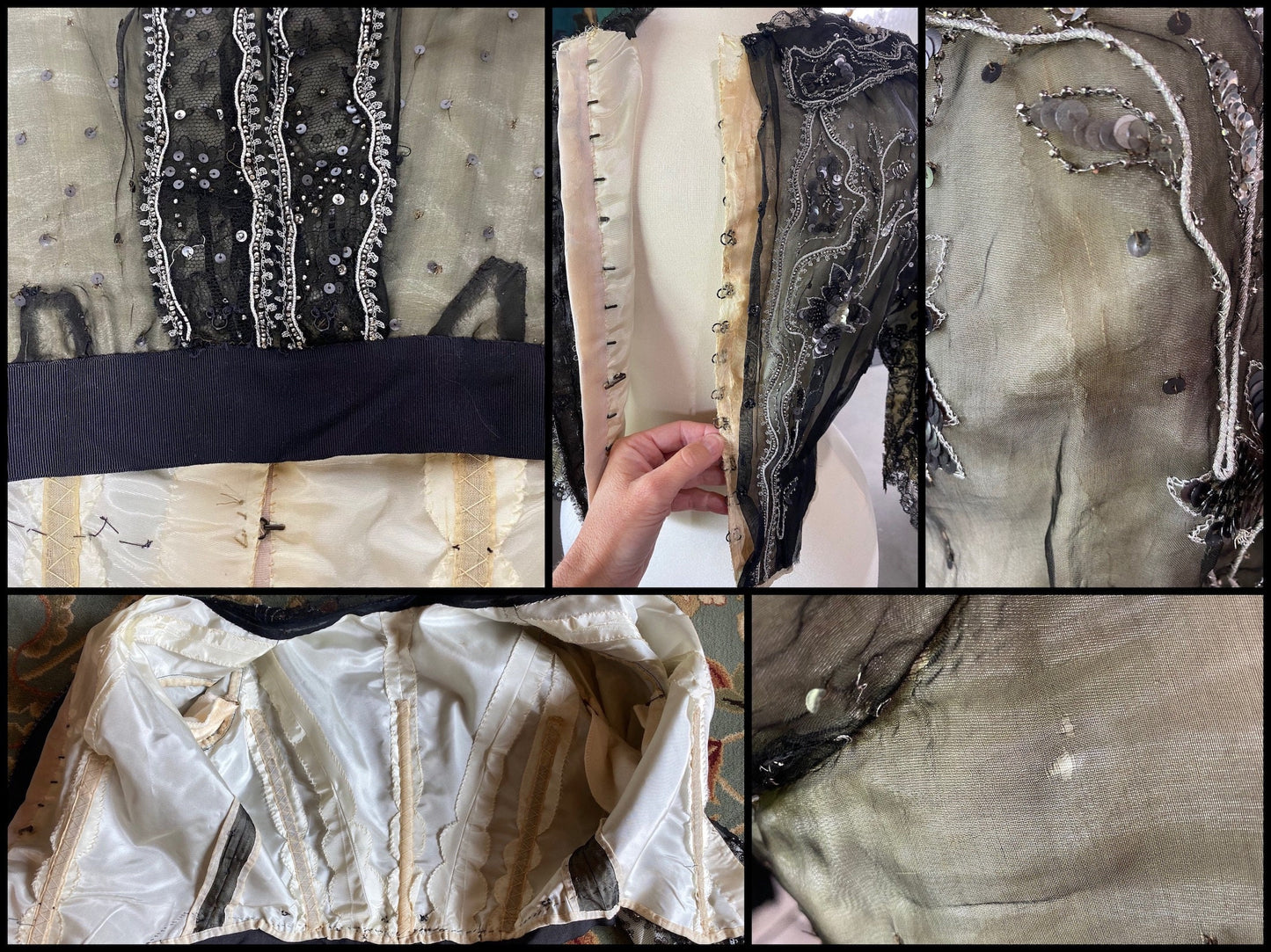 Antique Edwardian Early 1900s Sequined Silk Chantilly Lace Dress, Trained Skirt, Small