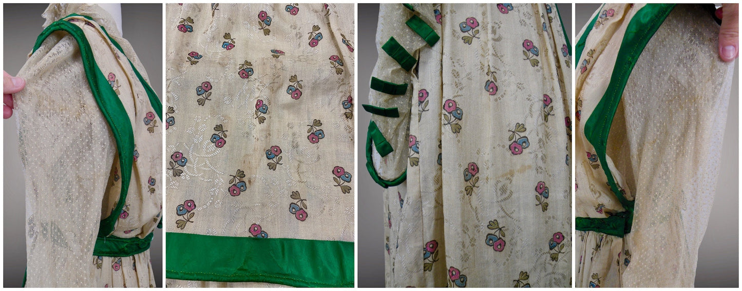 Antique 1900s Edwardian Floral Print Dress with Green Silk Trim & Matching Reticule Purse, XS