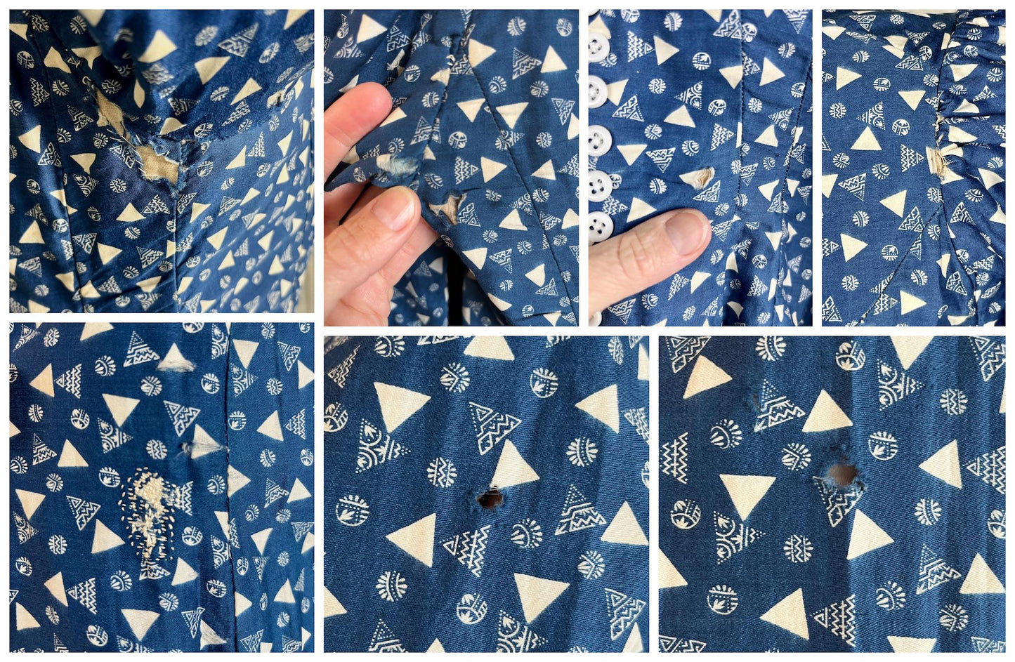 Rare Antique Victorian Polonaise Dress, 1870s–1880s Indigo Printed Cotton Two-Piece Ensemble, XXS