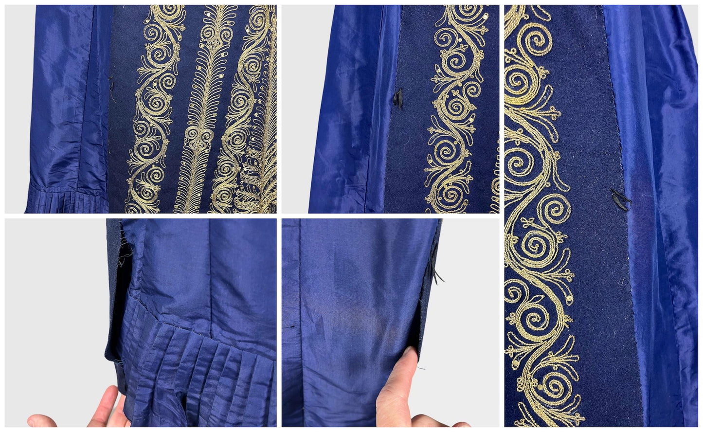 Antique Victorian Sapphire Blue Velvet Skirt & Cutaway Bodice Jacket with Gold Bullion Soutache Embroidery, Historical Costume, Medium