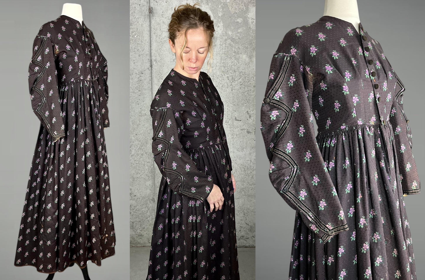 Antique 1850s Victorian Floral Printed Day Dress, 19th Century, XS/S