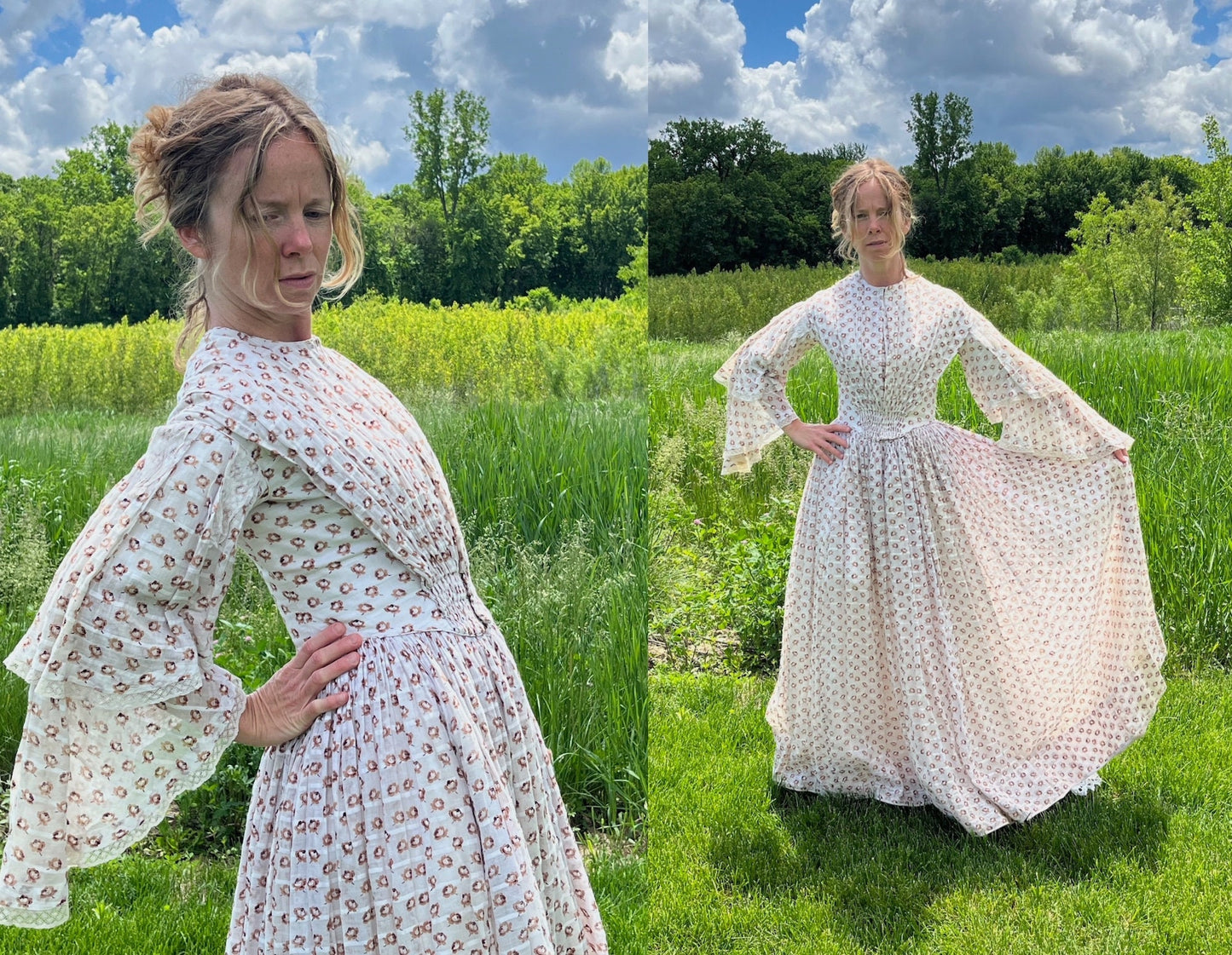 Antique 1850s Victorian Printed Rosebud Cotton Dress with Pagoda Sleeves & Fan Front, XS