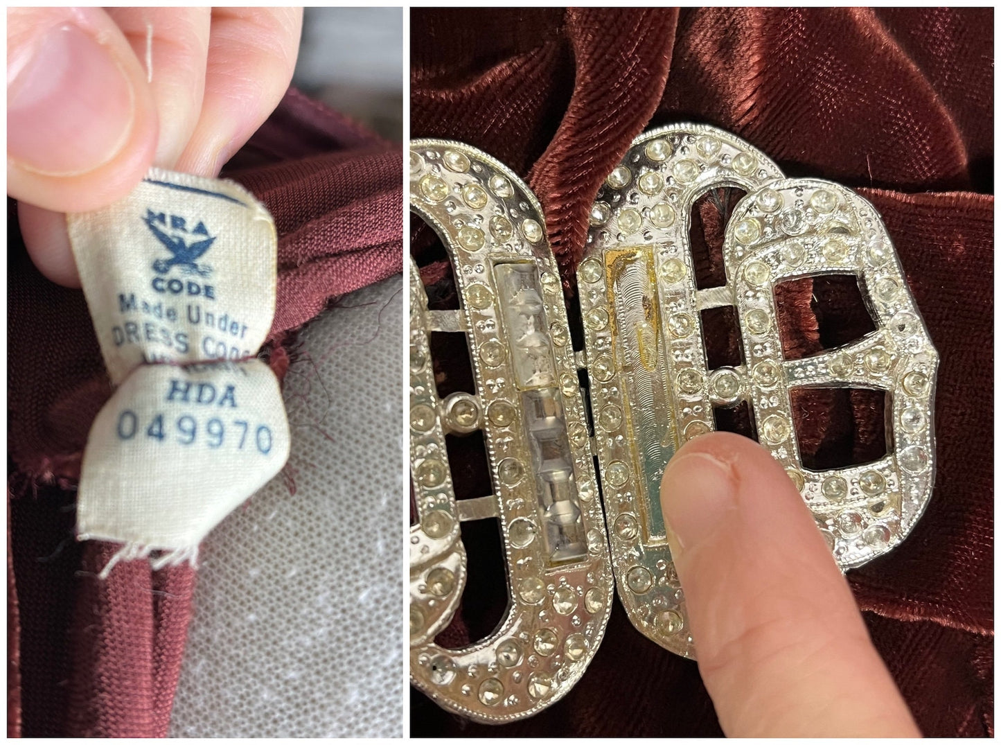 1930s Silk Velvet Dress, Vintage Copper Brown Bias Cut Gown with Cold Shoulders, NRA Label, XS–Small