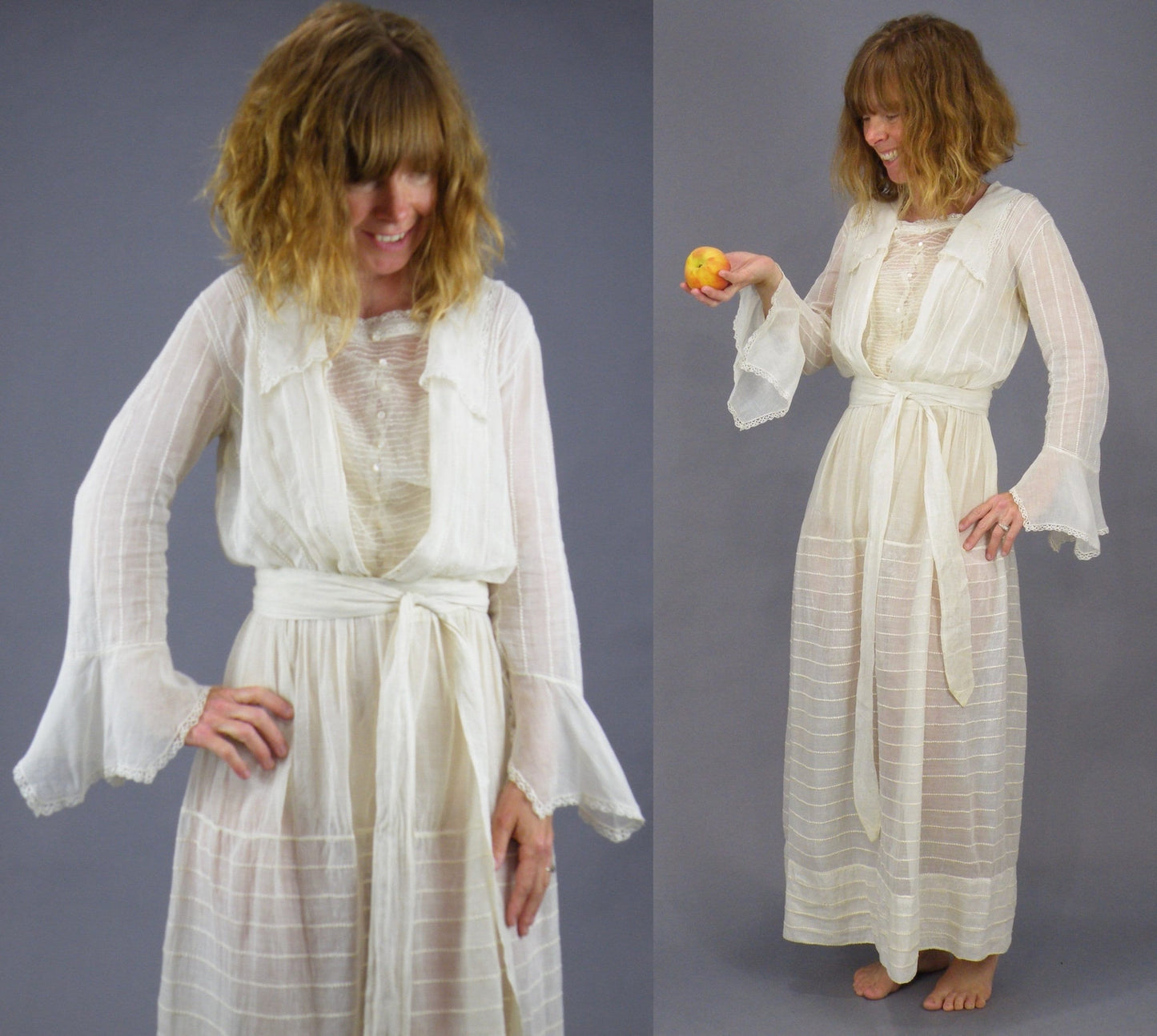 Antique 1900s Edwardian Sheer Cotton Net Day Dress with Bell Sleeves, XS