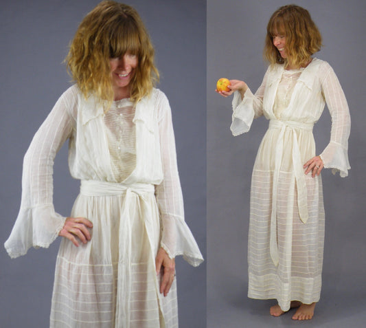Antique 1900s Edwardian Sheer Cotton Net Day Dress with Bell Sleeves, XS