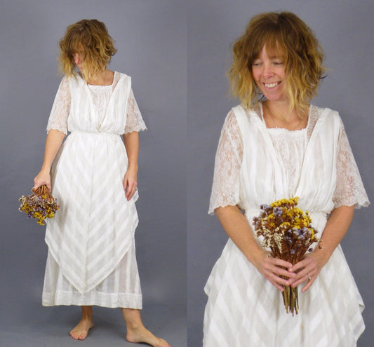 Antique 1900s Edwardian Tea Dress in Striped White Cotton with Lace, XS