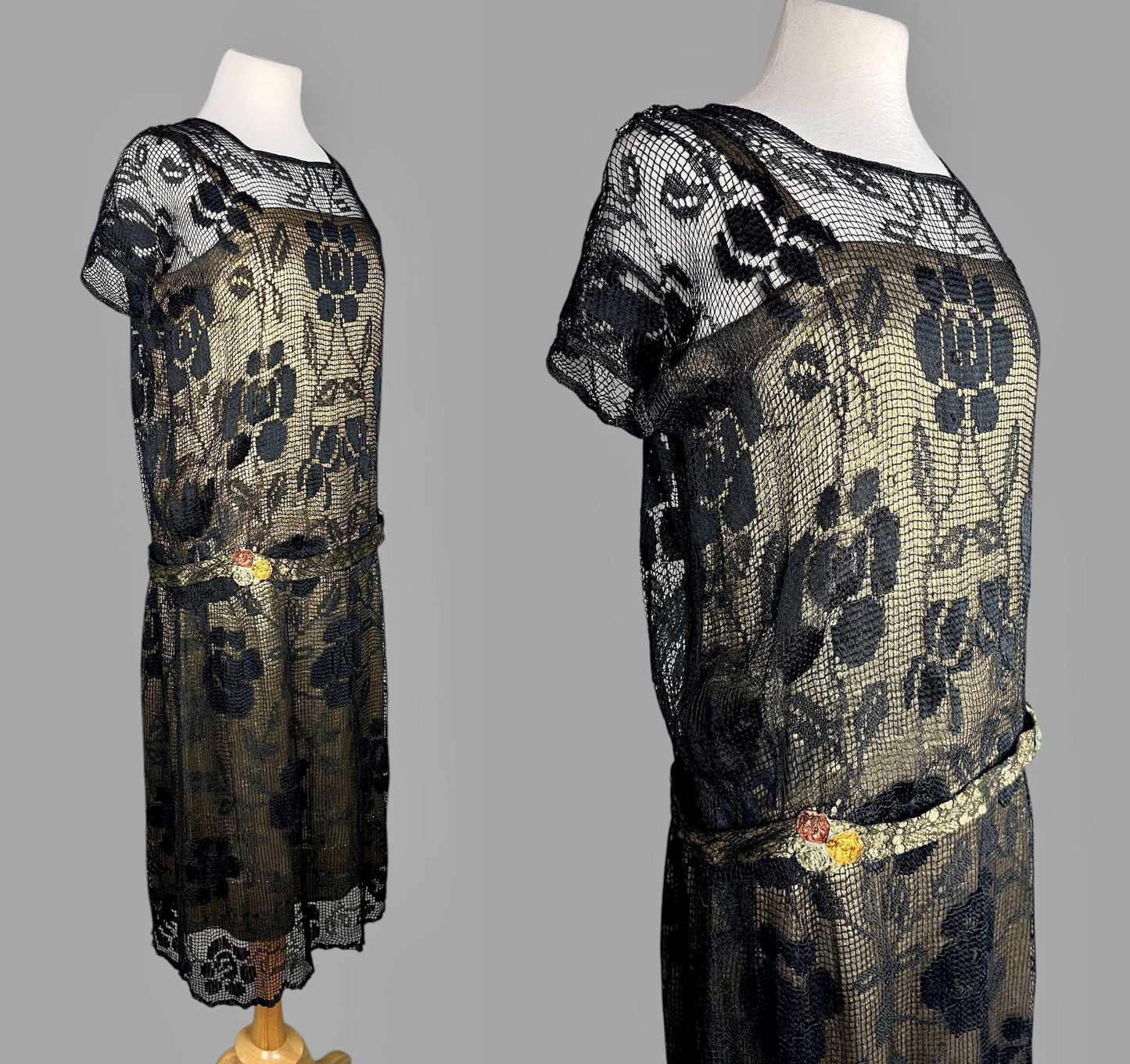 Vintage 1920s Black Filet Lace Flapper Dress with Gold Lamé Underlay & Ribbonwork Flowers, S/M