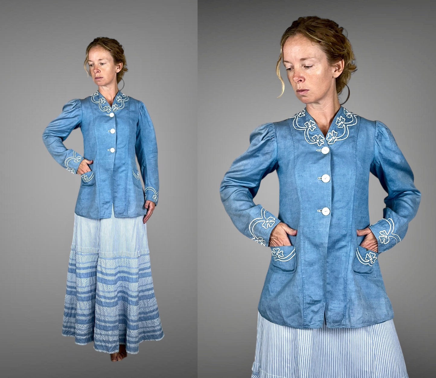 Antique c. 1900–1905 Edwardian Walking Suit, Blue Linen Jacket & Striped Cotton Skirt, XS/S