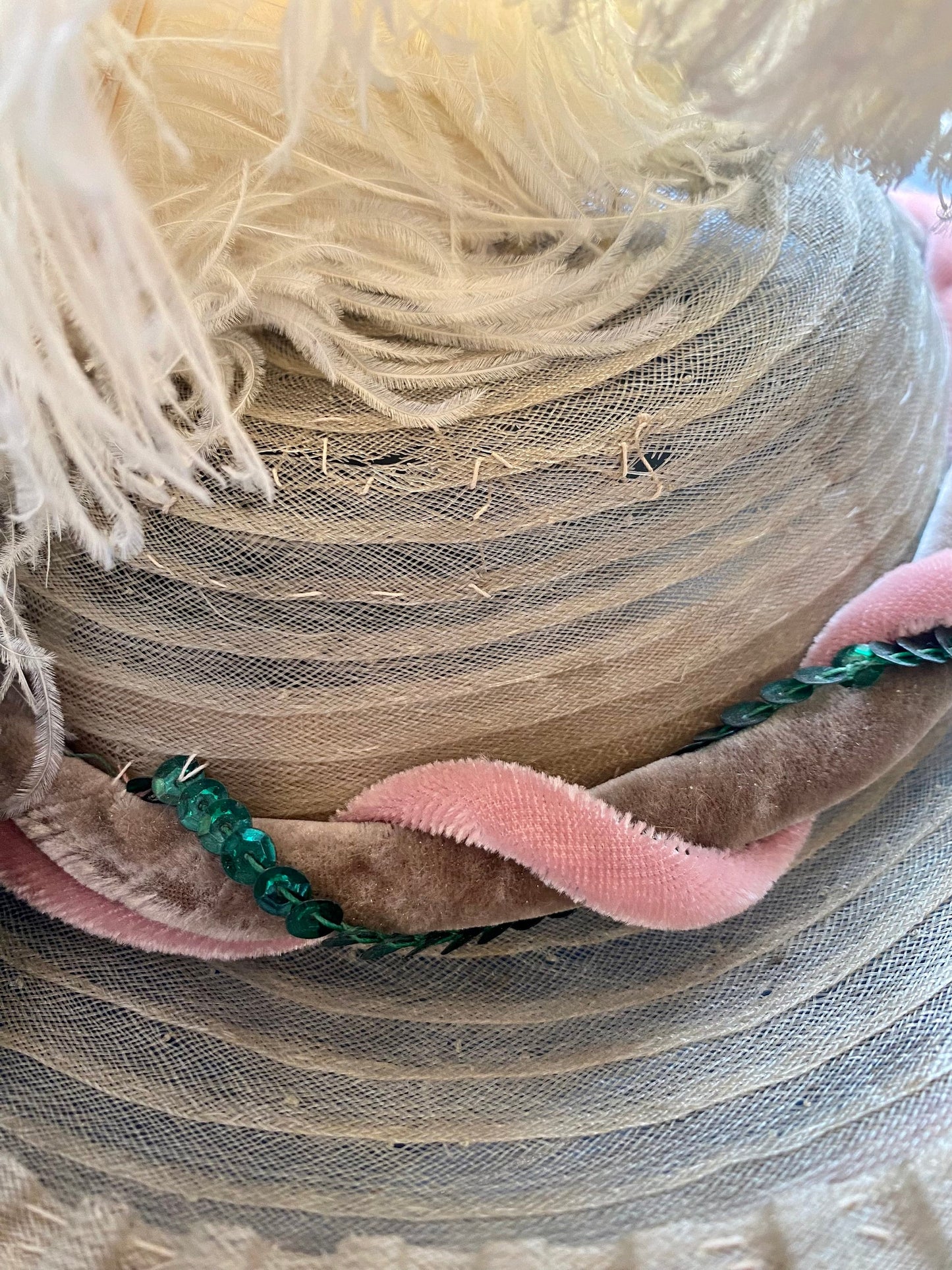 Vintage 1940s Ostrich Feather Fascinator Hat with Sequins & Velvet Trim, 40s Mini Perch Hat