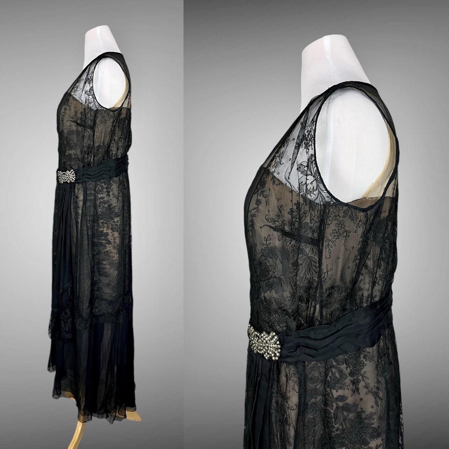 Vintage 1930s Black Silk Chiffon Chantilly Lace Evening Dress, Large