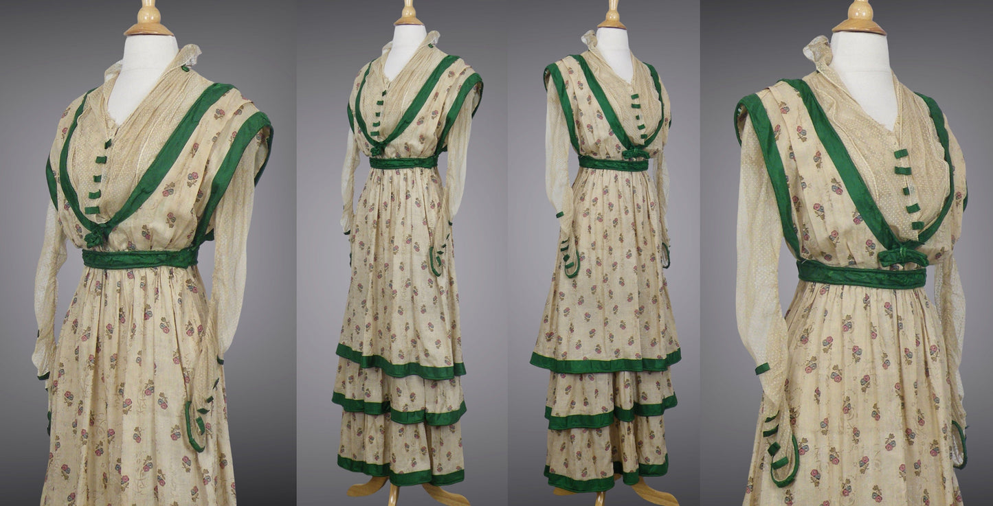 Antique 1900s Edwardian Floral Print Dress with Green Silk Trim & Matching Reticule Purse, XS