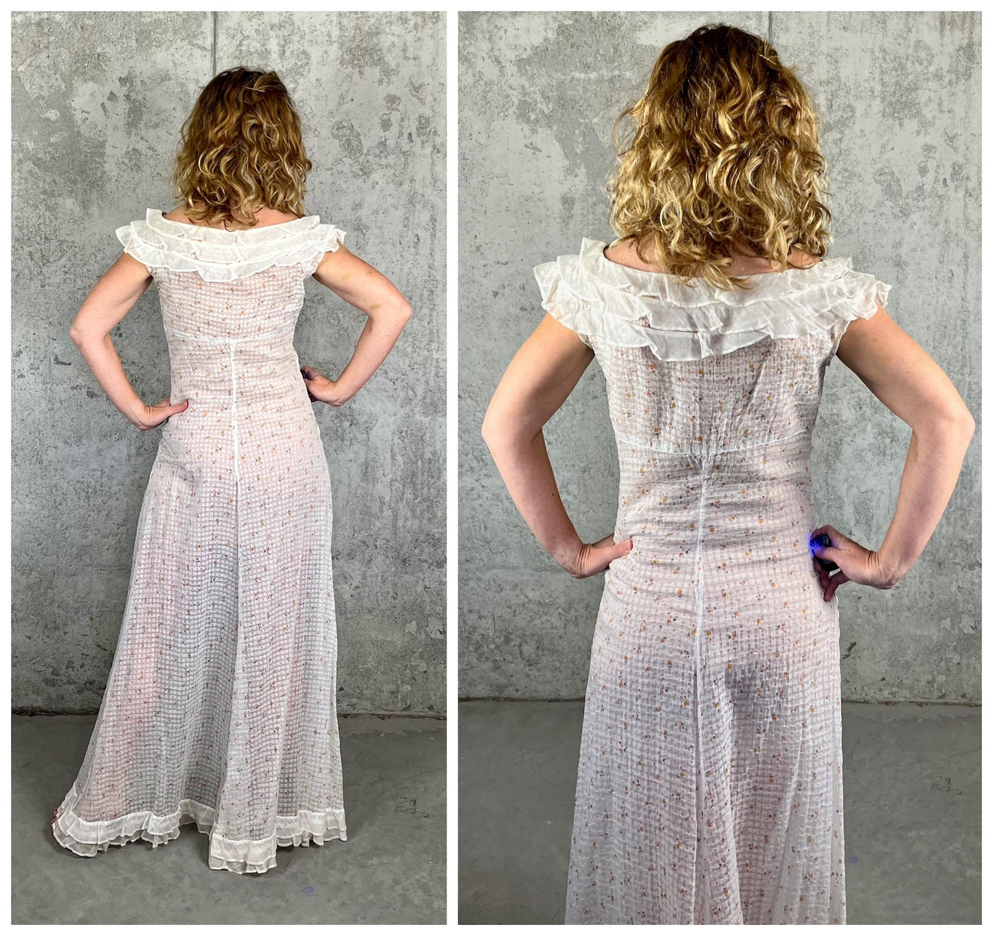 Vintage 1930s Sheer White Cotton Floral Print Bias Cut Dress with Ruffled Collar, XS