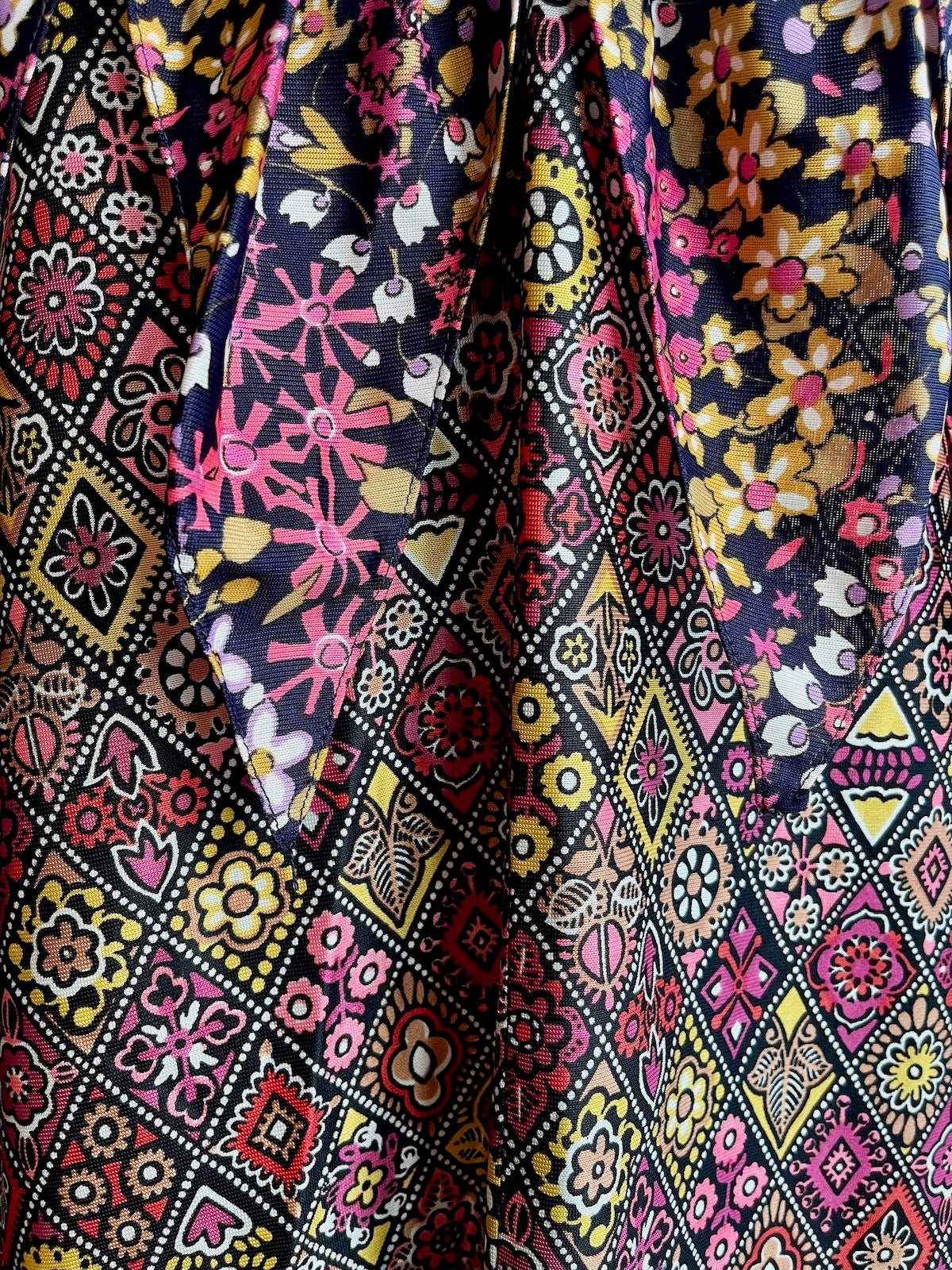 Vintage 1960s Floral Tie Plunging Neckline Woodstock Dress with Petal Sleeves & Peplum, XS