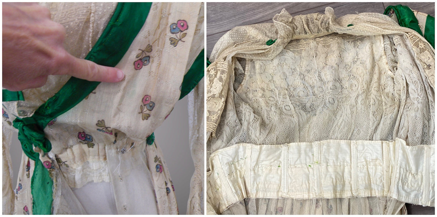 Antique 1900s Edwardian Floral Print Dress with Green Silk Trim & Matching Reticule Purse, XS