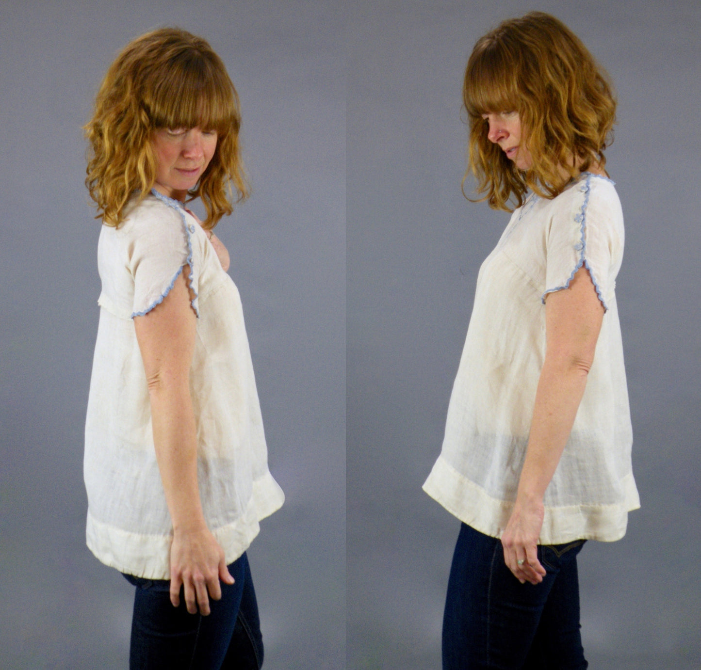 Late 1910s–Early 1920s Embroidered Blouse with Shoulder Button Snaps, XS