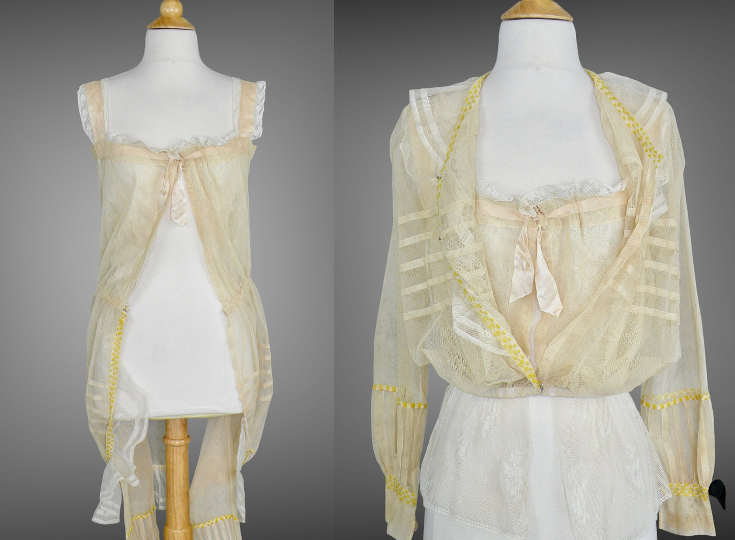 Antique 1900s Edwardian Net Lace Blouse with Yarn Embroidery & Lace Camisole, 36" Bust, S–M