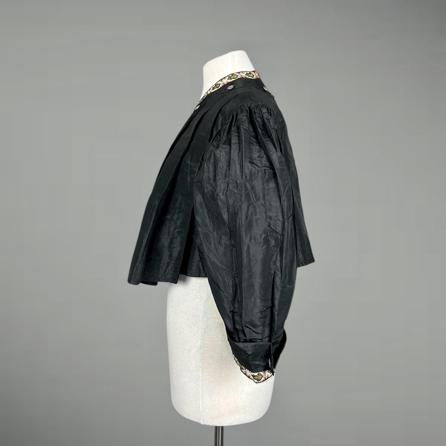 Antique 1900s Edwardian Black Silk Eton Jacket with Embroidered Trim, Folk-Influenced Historic Costume, M–L