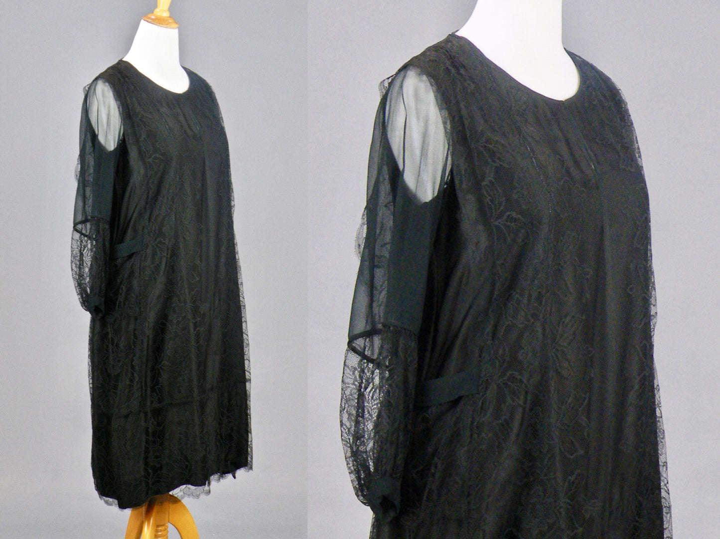 Vintage 1920s Black Silk Lace Dress, Jazz Age 20s Dress, Large